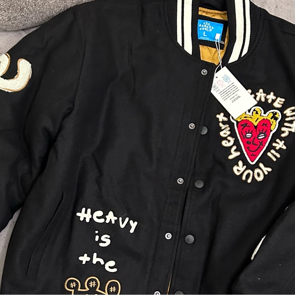 Melton wool bomber jacket, with chenille yarn heart  Size L